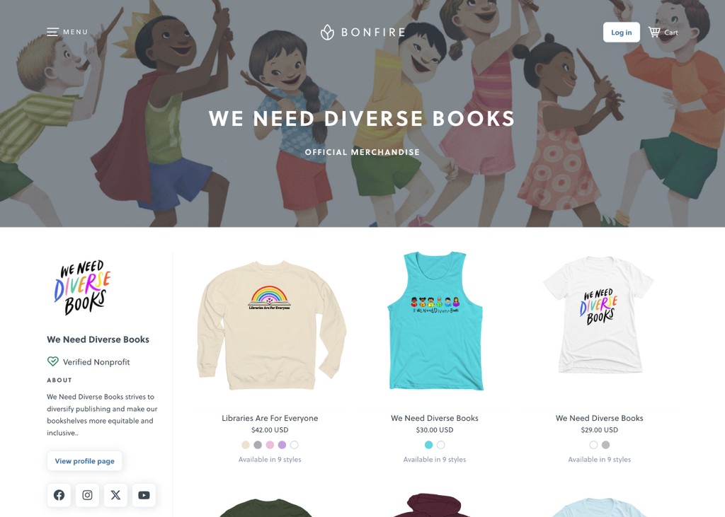Nonprofit merch store showcasing playful designs, with vibrant images of kids and product options.