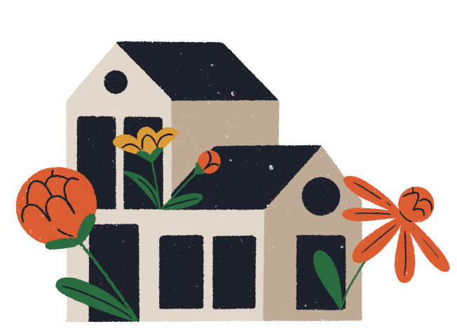 Drawing of a house with flowers coming out of the windows.